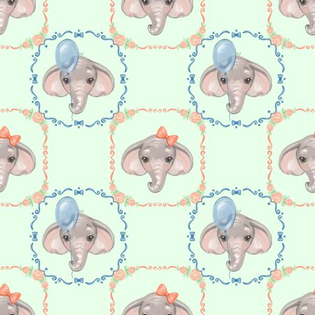 Cute background, small baby elephants. Seamless patternの写真素材