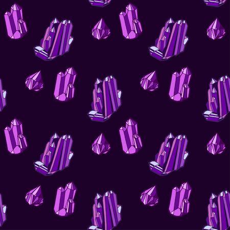Seamless vector pattern - purple crystals or gems, on dark background, endless texture with gemstones, stars, diamonds, hand drawn or doodle illustration.のイラスト素材