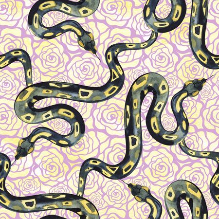 Seamless pattern wild floral design. Snake background with flowers. Textile print for bed linen,...