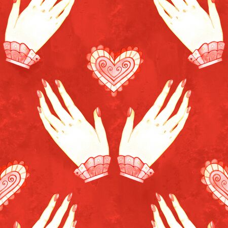 Seamless pattern love alchemy hand in watercolor style on white background. Hand drawn magic illustration.の写真素材