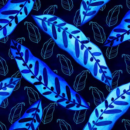 Tropic exotic palm leaves seamless pattern in a trendy blue vintage style. Print nature fashion illustration painting floral jungle wallpaper on a white backgroundの写真素材