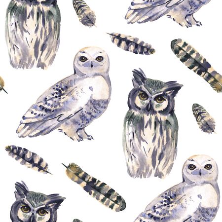 Wild watercolor hand painting pattern with animals. Repeating background. Owls.の写真素材