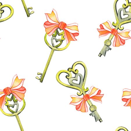 Seamless background pattern with love keys. Watercolor hand drawn illustrationの写真素材