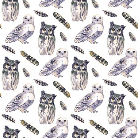 Wild watercolor hand painting pattern with animals. Repeating background. Owlsの写真素材