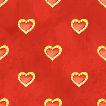 Red romantic seamless pattern with heart. Hand painted watercolor stock illustration. Perfect for...