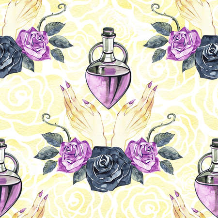 Magic potion bottles seamless pattern. Hand drawn. watercolor alchemy. Occultism and witchcraft drinksの写真素材
