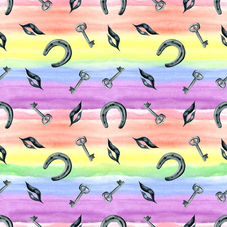 Watercolor hand painted rainbow seamless pattern with horseshoe, keys and leaves. Holiday backdrop for fabric, wrapping paper, scrapbooking. digital paper.の写真素材