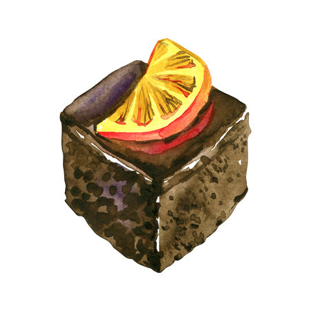 pieces of chocolate brownie drawing by watercolor, hand drawn artistic painting illustration, aquarelle dessertの写真素材