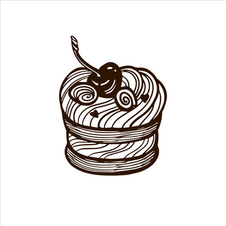 Tasty cake or cupcake, food sketch drawing. Vintage line style illustration. For bakery, restaurant and cafe designのイラスト素材