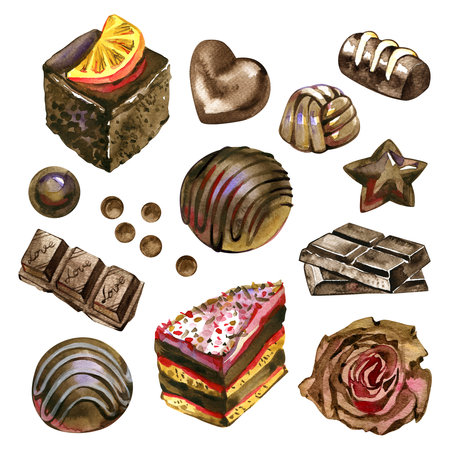 Set of chocolates drawing by watercolor at white background, hand drawn design elementsの写真素材