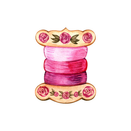 Watercolor spool of thread with a needle decorated with flowers.の写真素材