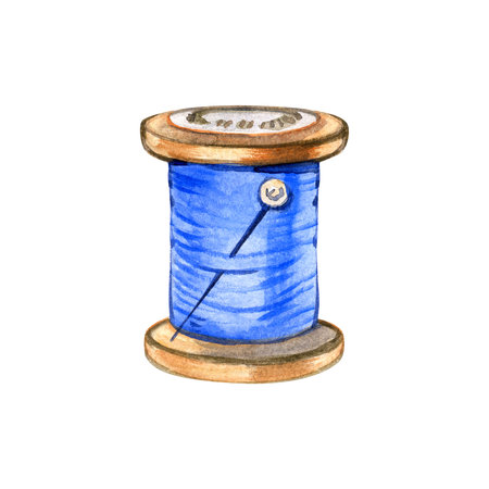 Watercolor vintage antique blue wooden bobbin of thread with steel needle for sewing pattern isolated on white background. Hand drawn illustration sketchの写真素材