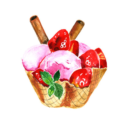 Pink watercolor ice cream in waffle cone isolated on white background. Hand drawn illustration.の写真素材