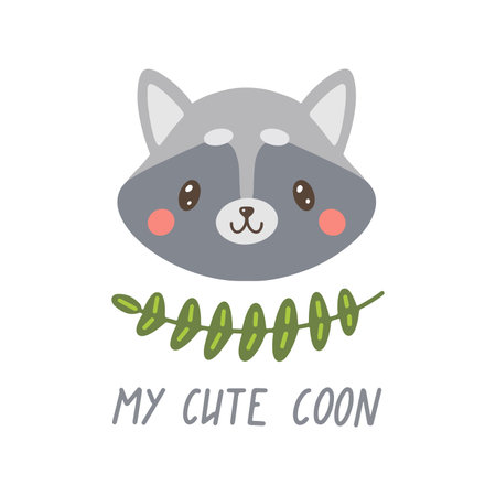 Cute Hand Drawn racoon. Print with grey racoon. Head With Flowers on a White Background. Nursery Art, kids design. Infantile Style. Cartoon Vector Illustration for Wall Art, Baby Card.のイラスト素材