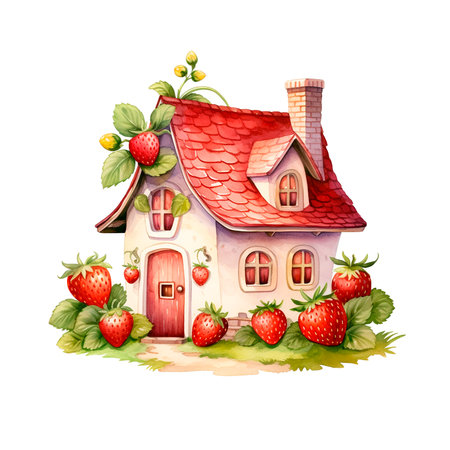 Watercolor strawberry house. Cute illustration with a small house in the leaves, design of cards and more.の写真素材