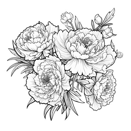 Coloring page with peonies and leaves. Vector page for coloring. Flower Colouring page. Floral print. Outline peonies. Black and white page for coloring book.のイラスト素材