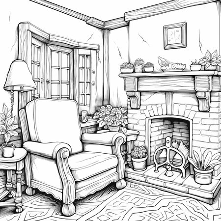 England cottage interior. Vector coloring page.のイラスト素材