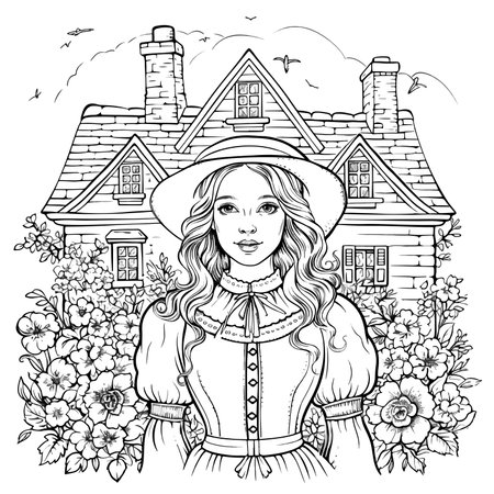 Girl in a top hat. Portrait of a beautiful woman. Contour vector illustration for coloring pages, print for T-shirts and other items.のイラスト素材