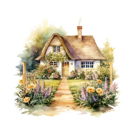 Watercolor rural cottage house among green trees with wooden fence hand painted illustration. Summer village cozy home composition. Cartoon countryside design elements isolated on white background.の写真素材