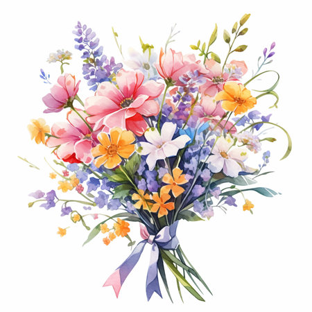 Watercolor bouquet with wildflowers, herbs, leaves, isolated on white backgroundの写真素材