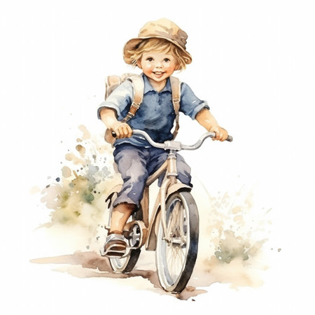 Cute little boy riding a bicycle, cycling, watercolor vintage style illustration.の写真素材