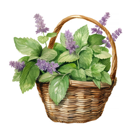 Patchouli or Pogostemon cablini in basket Hand drawn watercolor illustration isolated on white backgroundの写真素材