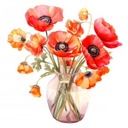 Watercolor Drawing of Red Poppy Flowers Isolated on White. Botanical Illustration of Papaver Rhoeas in Vintage Style. Summer Poppy Artwork. Floral Wedding Decoration Bouquetの写真素材
