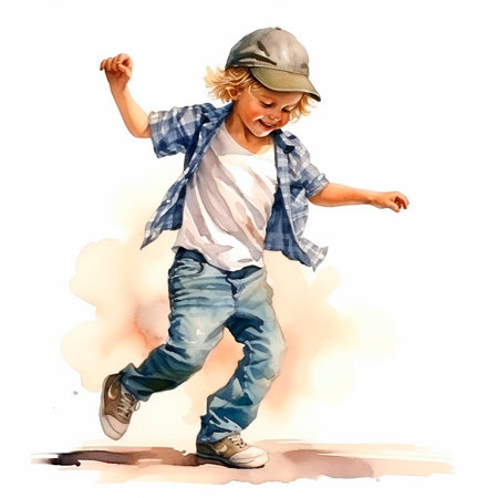 Watercolor dancing kid, happy boy dance, playing boy, watercolor clipart isolated on white background.の写真素材