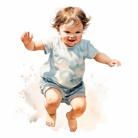 Watercolor dancing kid, happy boy dance, playing boy, watercolor clipart isolated on white background.の写真素材