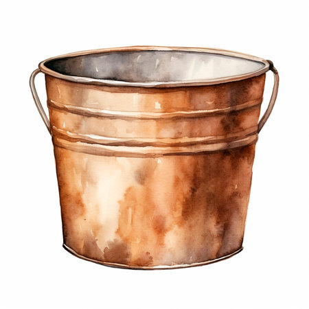 Rustic iron metal rusty bucket. Watercolor painting isolated on white background. Fishing.の写真素材