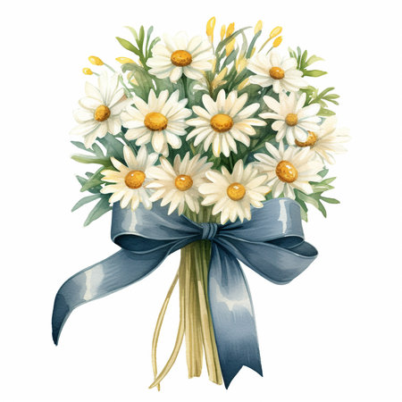 Set of camomile bouquet with satin ribbon hand drawn. Watercolor floral illustration of delicate flowers isolated on light-green background. Chamomiles for printing, logo, postcards, pictureの写真素材