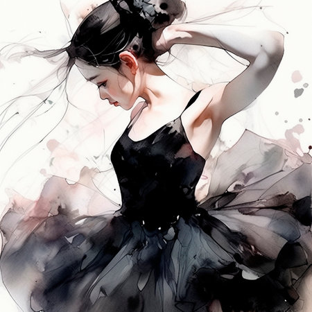 watercolor ballerina in black dress tutu. Isolated painting sketch on white background.の写真素材