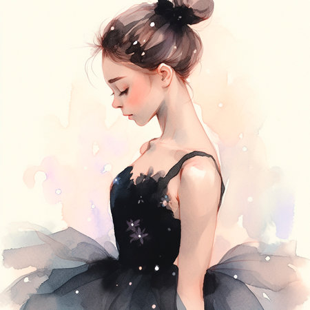 watercolor ballerina in black dress tutu. Isolated painting sketch on white background.の写真素材