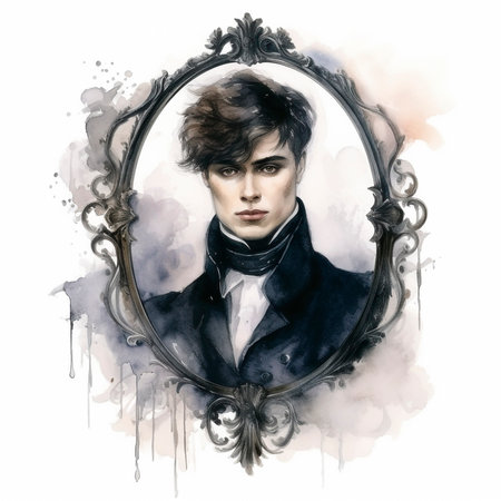 Watercolor victorian man portrait. Handsome stylish guy in the retro suit. Man in the black classic suit.の写真素材