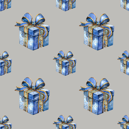 Holiday seamless pattern. Hand drawn watercolor Christmas symbols. Gift box. Jewish Christmas and New Year. Trendy design.の写真素材