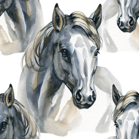 Seamless pattern with portraits of white horses. Hand drawn watercolor.の写真素材