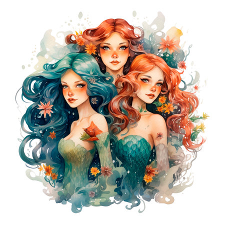 Watercolor picture of 3 beautiful mermaids. Underwater Illustration Mermaid oceanの写真素材