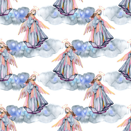 Watercolor angels seamless pattern. Christian pattern with clouds and flying angels.の写真素材