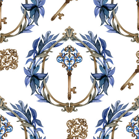 Retro keys seamless pattern. Antiques key cover for your design. Hand painted illustrationの写真素材