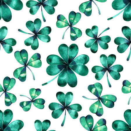 watercolor seamless pattern on the theme of st. patricks day. green four-leaf clover leaves on a white background. holiday printの写真素材