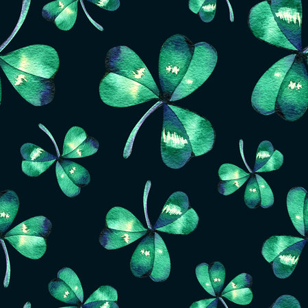 watercolor seamless pattern on the theme of st. patricks day. green four-leaf clover leaves on a white background. holiday printの写真素材