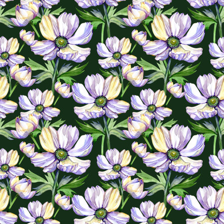 Beautiful peony, anemone flowers with leaves on background. Seamless floral pattern, border. Watercolor painting. Hand drawn illustration. Design for fabric, wallpaper, bed linen, greeting card designの写真素材