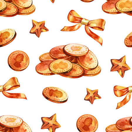 gold coins with the image of clover are symbol of good luck and wealth. Watercolor seamless pattern background for the Irish holiday of St. Patricks Day on March 17の写真素材