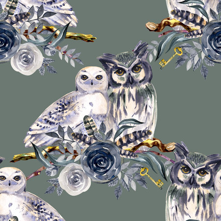 Beautiful seamless autumn forest pattern with watercolor hand drawn owl birds. Stock illustration.の写真素材