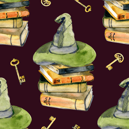 Seamless pattern with books, keys and witch hat in watercolor style. Pattern with stacks of books. Template, wallpaper, pattern for printing in watercolor styleの写真素材