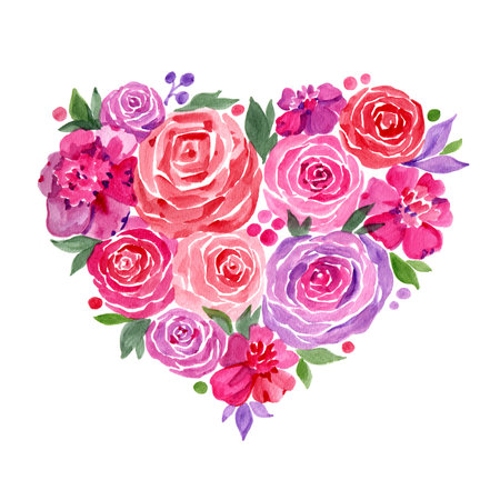 Pink red watercolor roses heart with green leafs. Isolated watercolor illustrationの写真素材