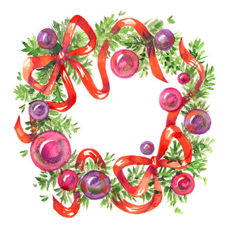Pink violet Christmas party invitation template greeting card with pine and fir branches wreathの写真素材