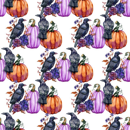 Watercolor pumpkins, flowers, ravens, crow. Autumn background Fall Halloween seamless patternの写真素材