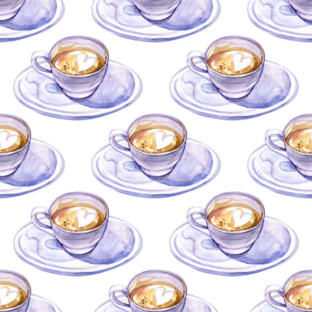 Watercolor coffee seamless pattern. Hand drawn repeating texture with cup of cappuccino on white background. Cute drink wallpaperの写真素材