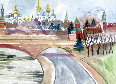 Buildings view of Moscow, Capital of Russia. Moscow Kremlin. Watercolor splash with hand drawn sketch illustrationの写真素材